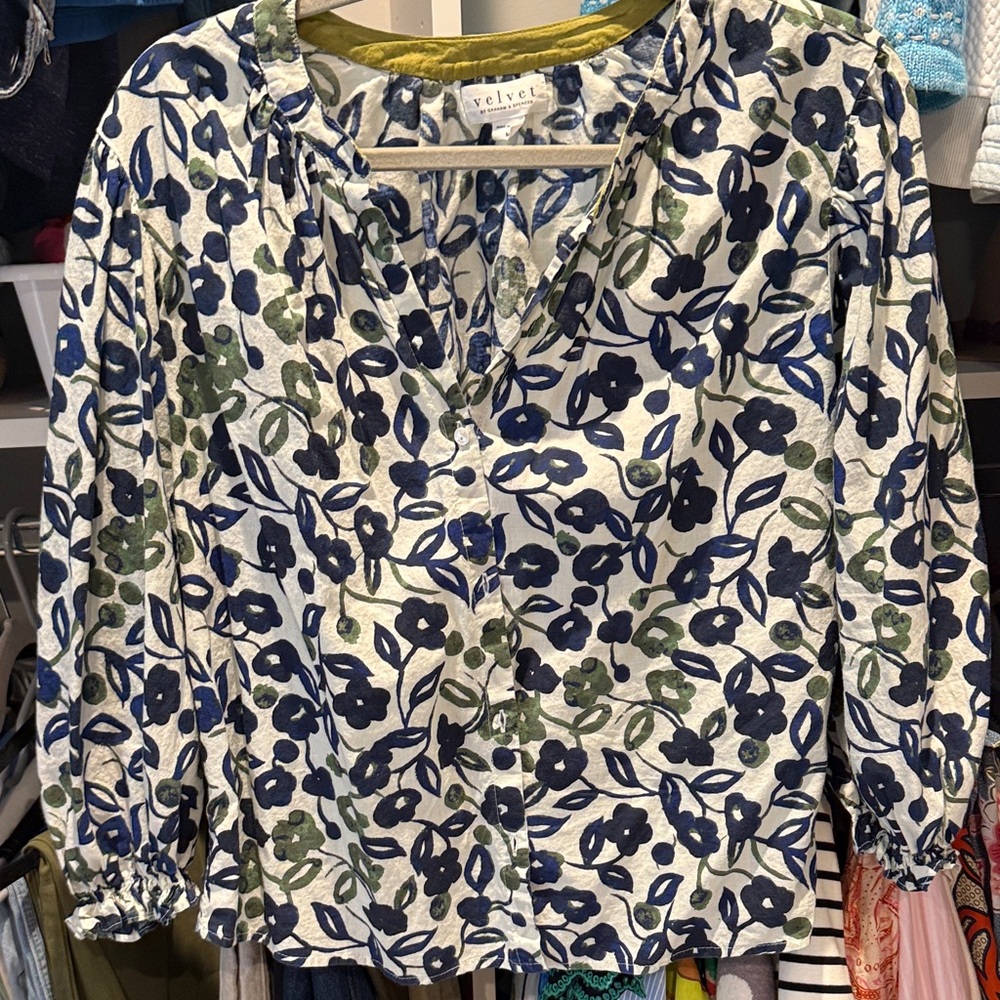 Velvet by Graham & Spencer Navy and Olive Floral Blouse